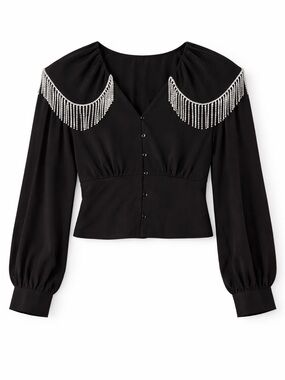 Stunning Nastygal Rhinestone Fringe V-Neck Western Glam Blouse 💎
